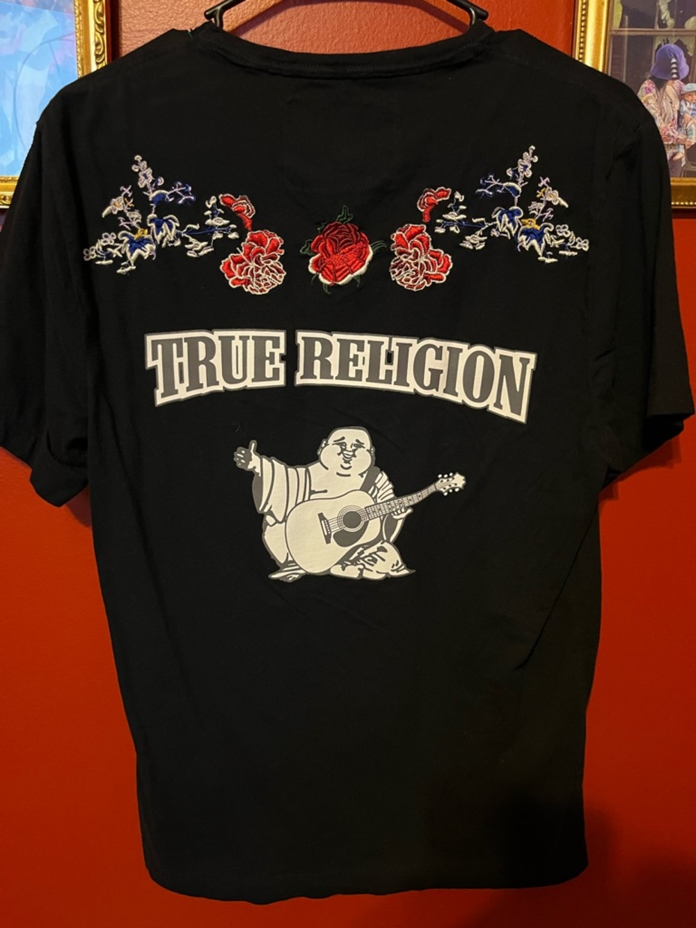 True Religion Black Tee with White Logo and Red Floral Embroidery